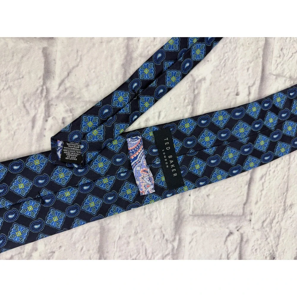 Ted Baker London Mens Silk Tie Blue Green Geometric Paisley Pattern Designer